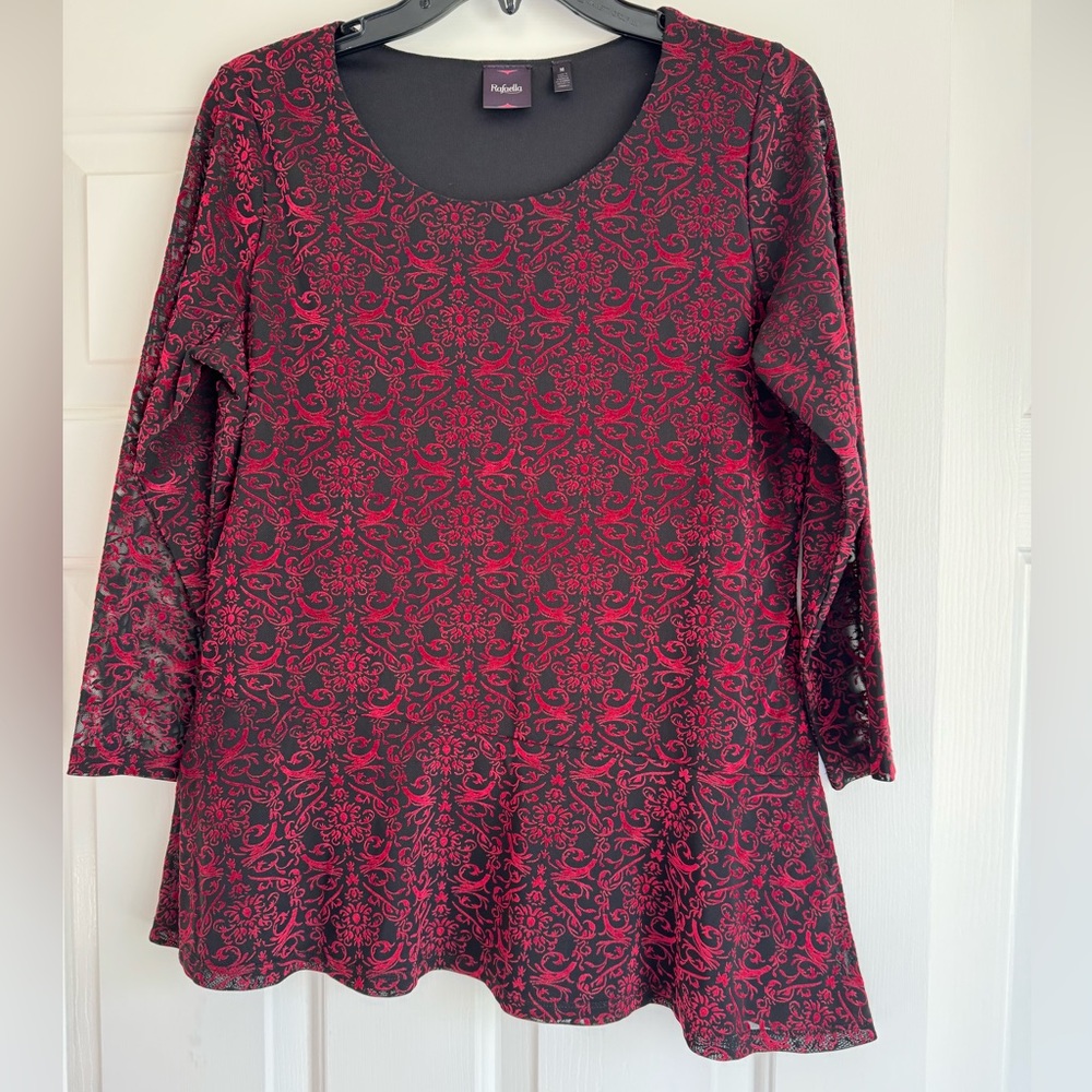 Rafaella Women’s Red Victorian Pattern Velvet Mesh Top Peplum Flare Medium